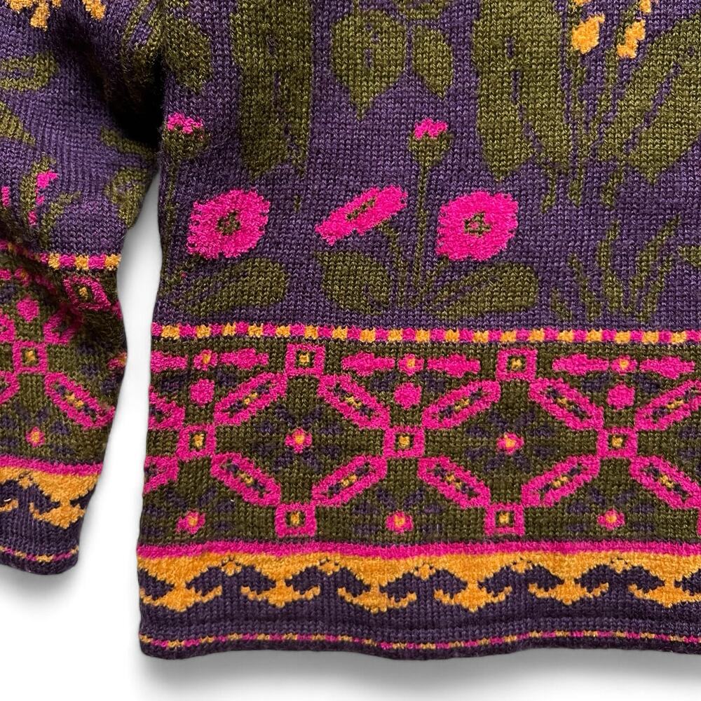 Vintage 80s Floral Pattern Mock Neck Purple Yellow Green Knit Sweater Geometric - Picture 8 of 11